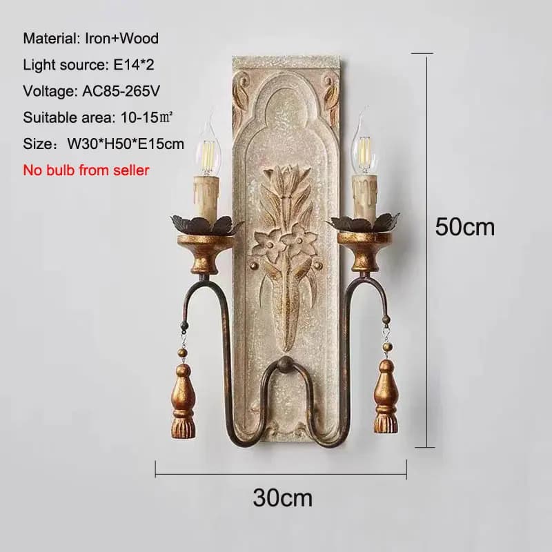 Applique murale double tête style rustique américain et français, en bois massif sculpté, vintage, p