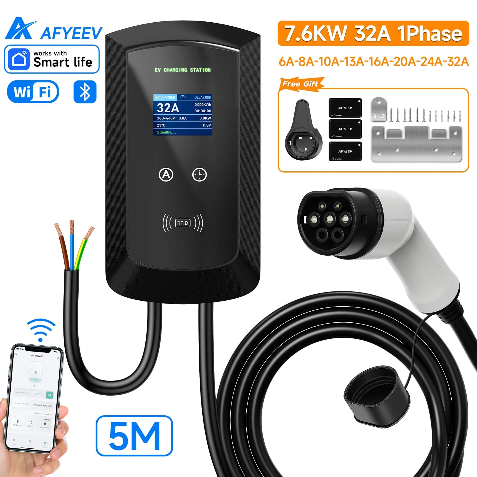 AFYEEV 32A EV Station de charge 22KW 3 phases chargeur de voiture de véhicule électrique 11KW Type2 