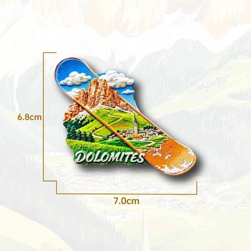 Aimant de réfrigérateur Dolomites Snowboard - Souvenir sportif alpin 3D dynamique, cadeau d'hiver it