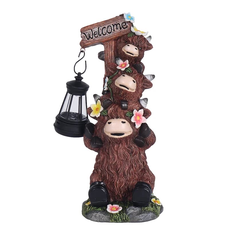 Lampe solaire décorative en résine en forme de vache des Highlands, hexagonale, pour jardin, cour et