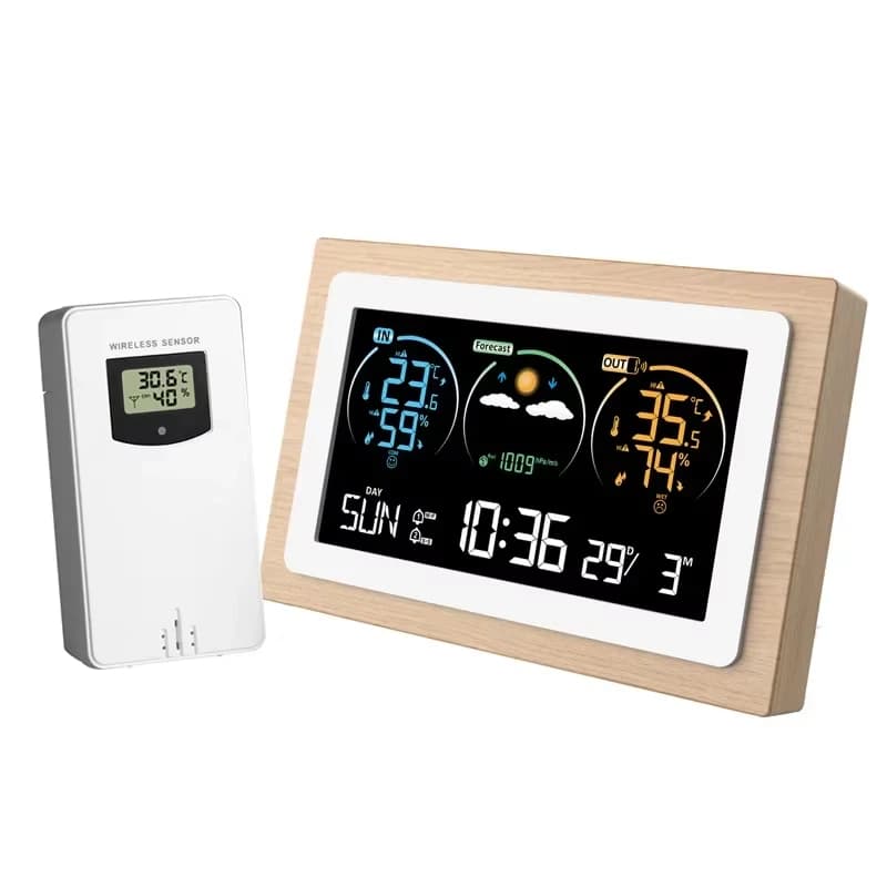 Station météo numérique, réveil en bois, thermomètre, hygromètre, grand écran couleur, horloge de pr