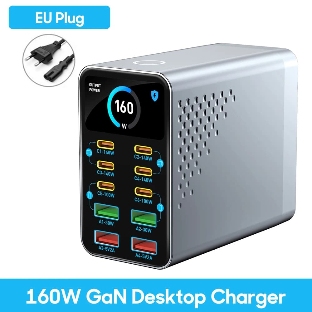 Chargeur GaN 160W 10-en-1, Station de Charge Rapide 140W PD3.1 PPS USB Type C avec Affichage Numériq