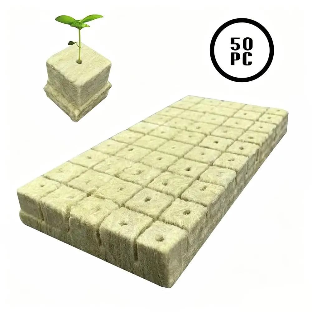 Substrat de culture agricole avec 50 pots de culture en laine de roche enduite de 25x25x25mm, access