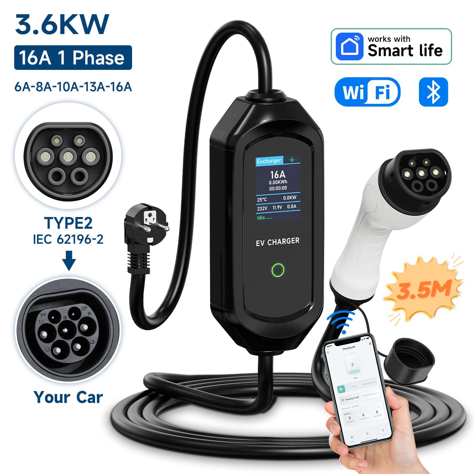 AFYEEV 3600W chargeur de voiture électrique Portable Type 2 IEC62196-2 câble de charge EV Station de
