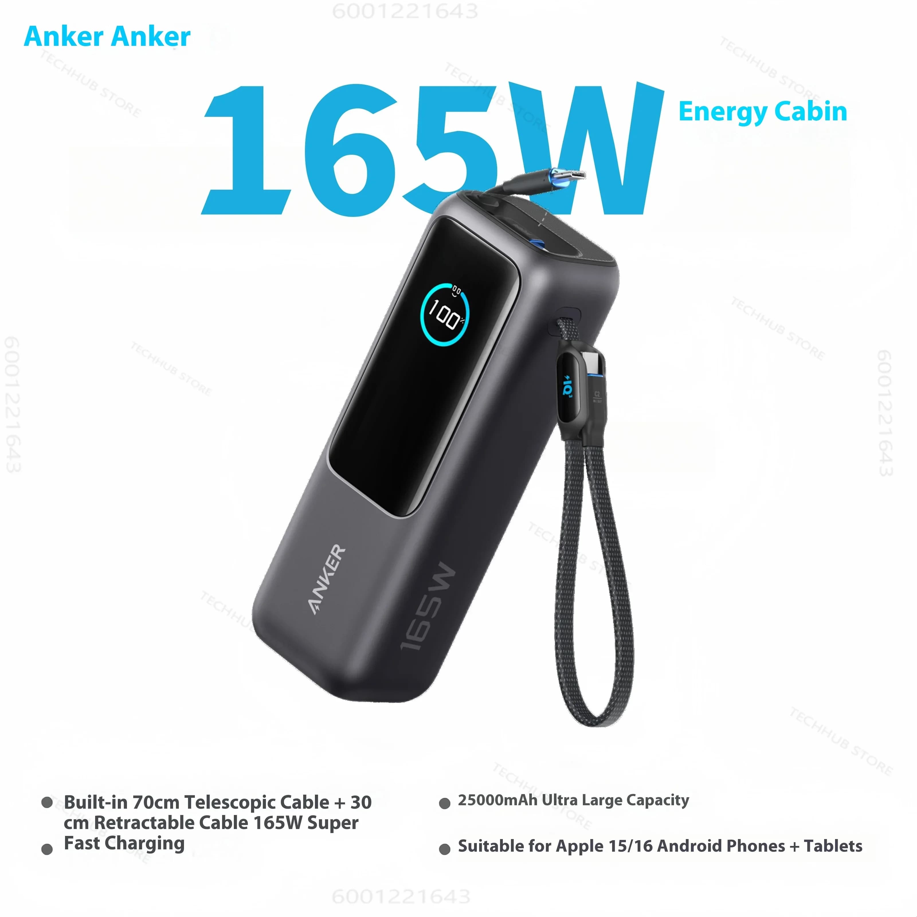 Batterie externe Anker Zolo 25000mAh, charge rapide 165W max, haute capacité avec câbles rétractable