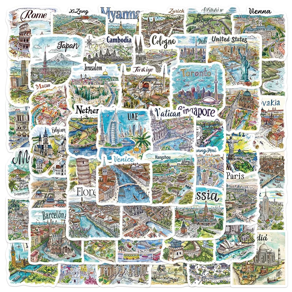 Autocollants Graffiti de carte de voyage dessinés à la main, 50 pièces, pays de ville de renommée mo