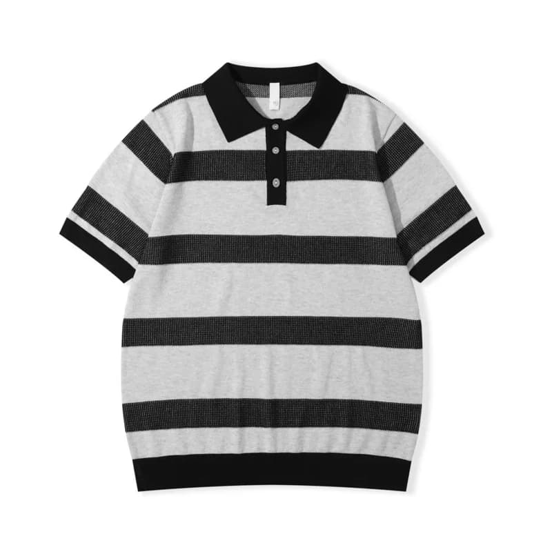 T-shirt tricoté à col rayé épais et contrastant en texture chanvre naturel, manches courtes pour hom