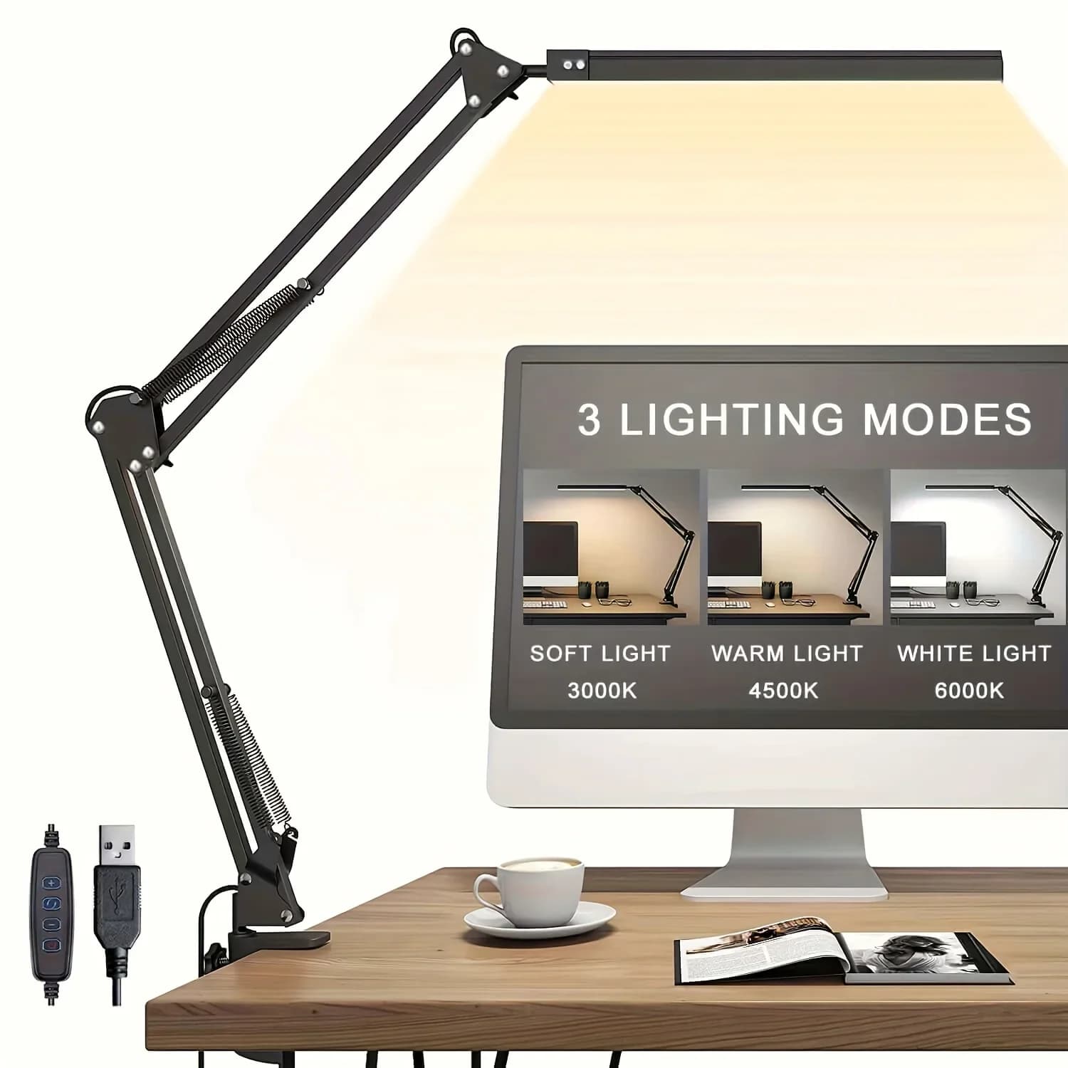 Lampe de bureau LED pour bureau à domicile, à pince avec 5 Modes d'éclairage et arrêt automatique, é