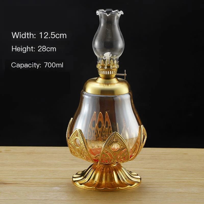 Lampe à kérosène grande capacité coupe-vent, lampe à huile en verre doré exquise, lumière réglable, 