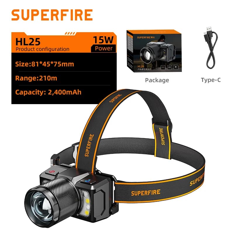 Lampe frontale LED SUPERFIRE HL25, Portable, Zoom, Rechargeable par USB C, puissante, avec capteur, 