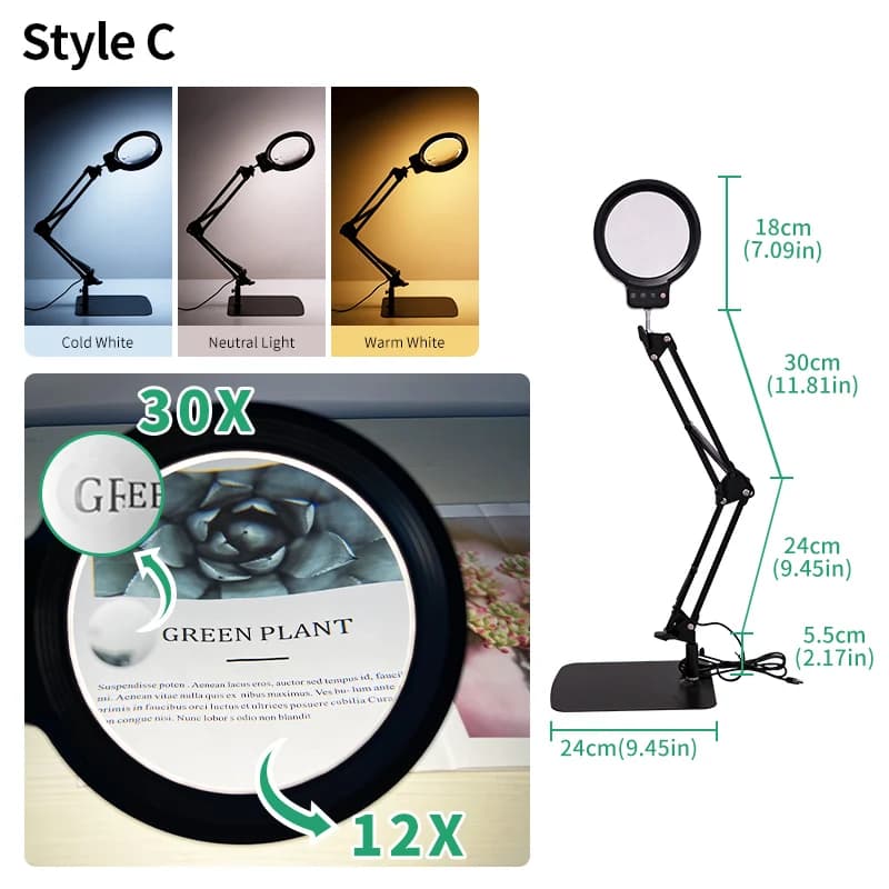 MARPOU loupe avec lampe LED 12X/30X nouvelle loupe éclairée 3 couleurs réglable USB pliable lumière 