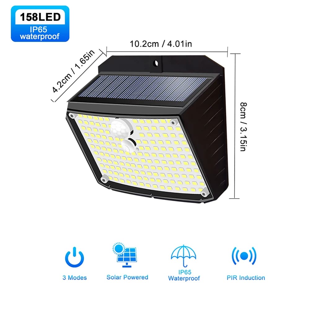 Lampes solaires à détecteur de mouvement 158 LED avec 3 modes d'éclairage, étanches IP65, lampe mura