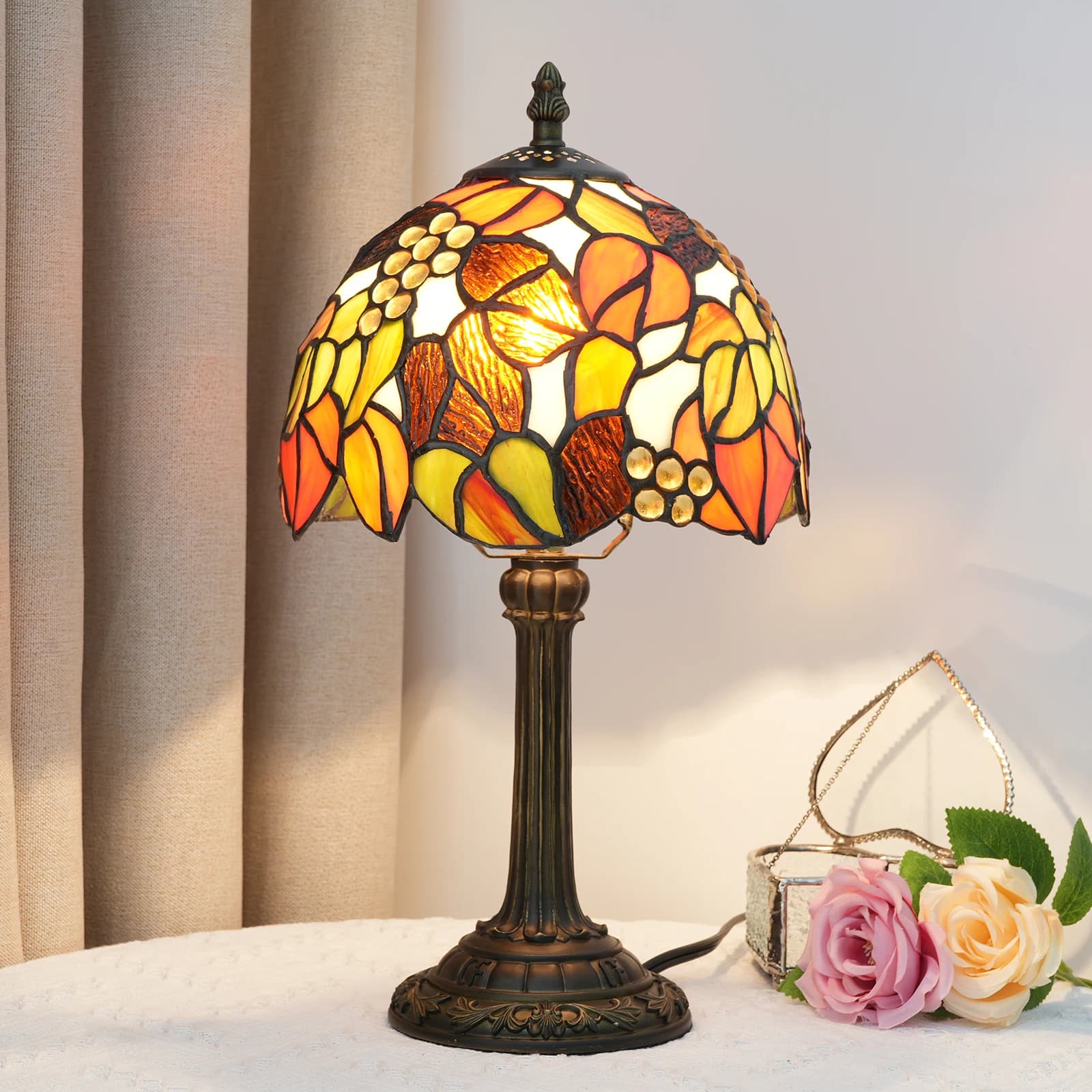 Lampe de table en verre teinté, style feuille d'érable antique, lampe de lecture pour chambre à couc