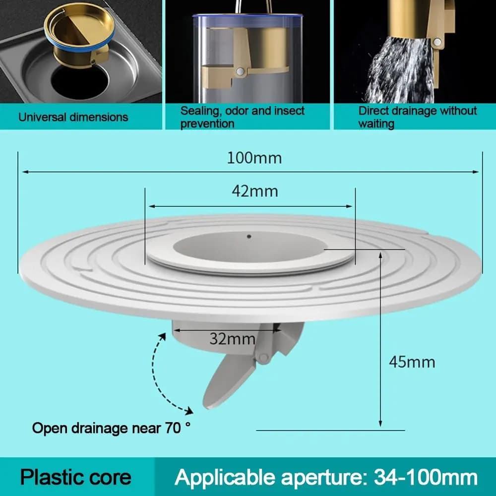 Siphon de sol anti-odeur à grand panneau, trou de diamètre de 34 à 100mm, anti-reflux à fermeture au