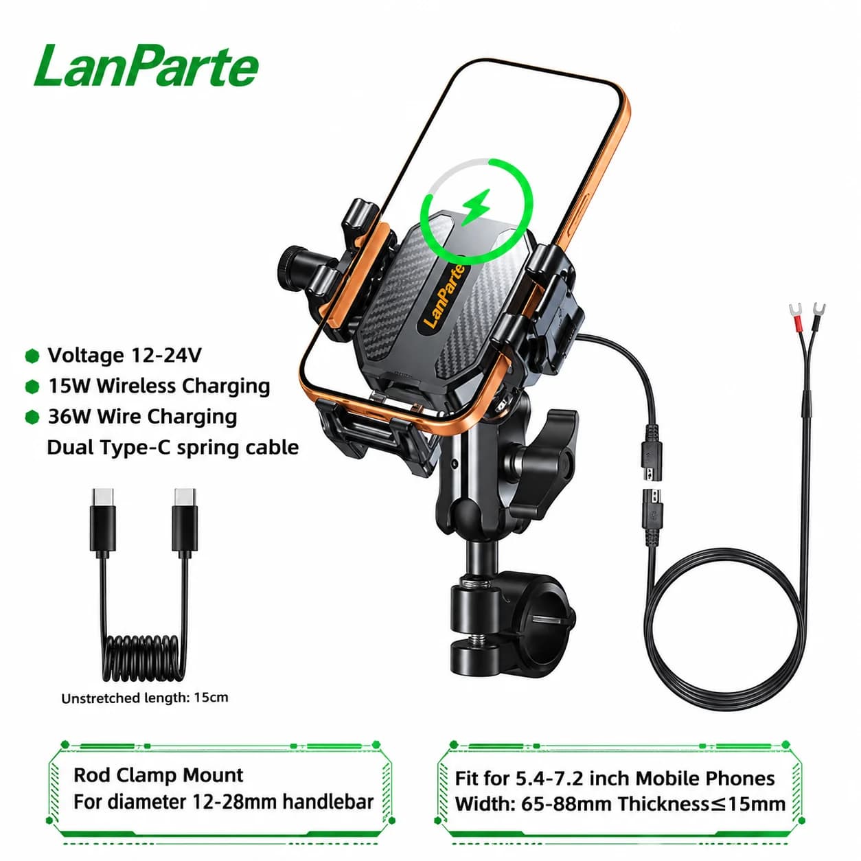 Support de téléphone pour moto, chargeur sans fil 15W, charge rapide Type-C 36W, support de vélo ant