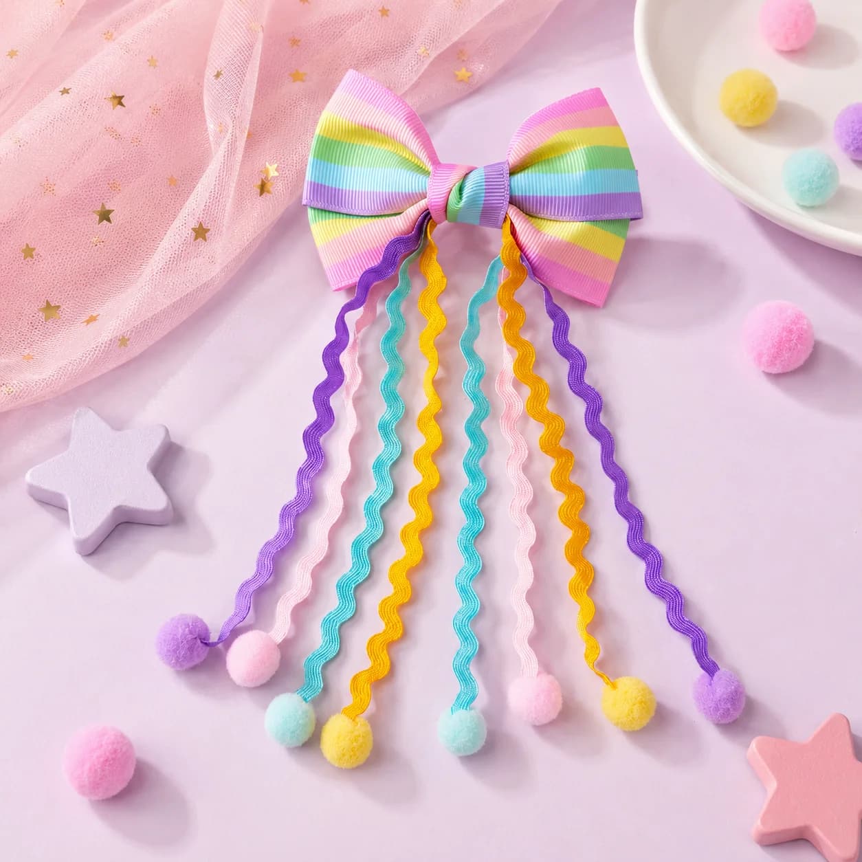 Barrette à cheveux arc-en-ciel avec longues franges ondulées, pompon coloré, accessoires pour cheveu