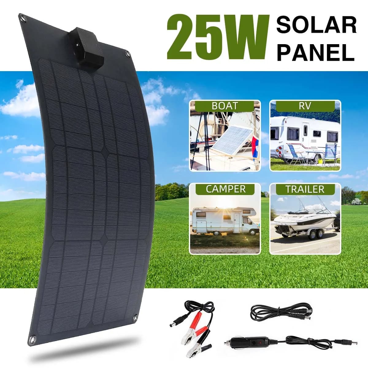 Chargeur solaire portable 25W, double sortie USB 5V et DC 12V avec contrôleur solaire pour batterie 