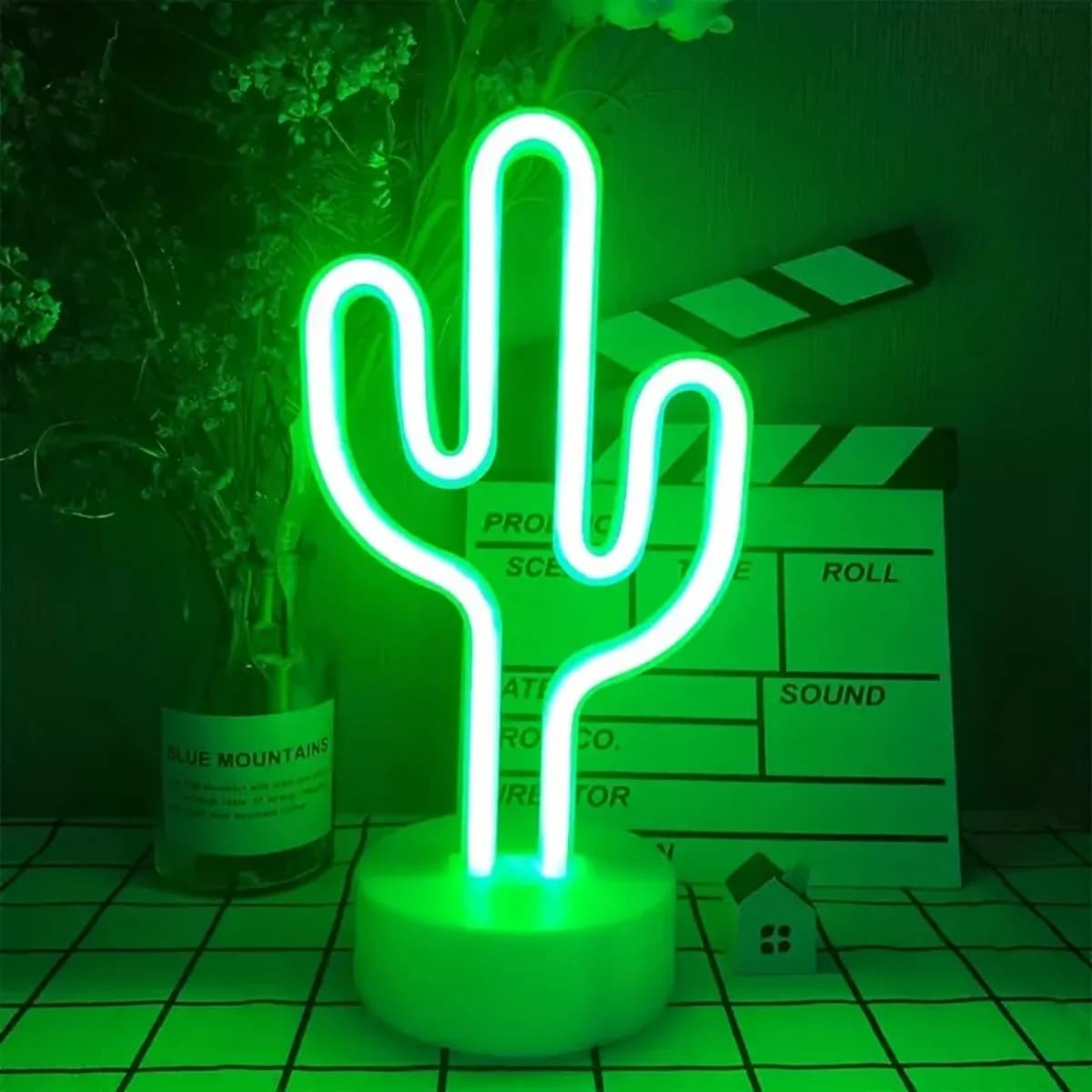 Lumière néon LED verte avec base, lumière décorative pour chambre à coucher, veilleuse de bureau, ad