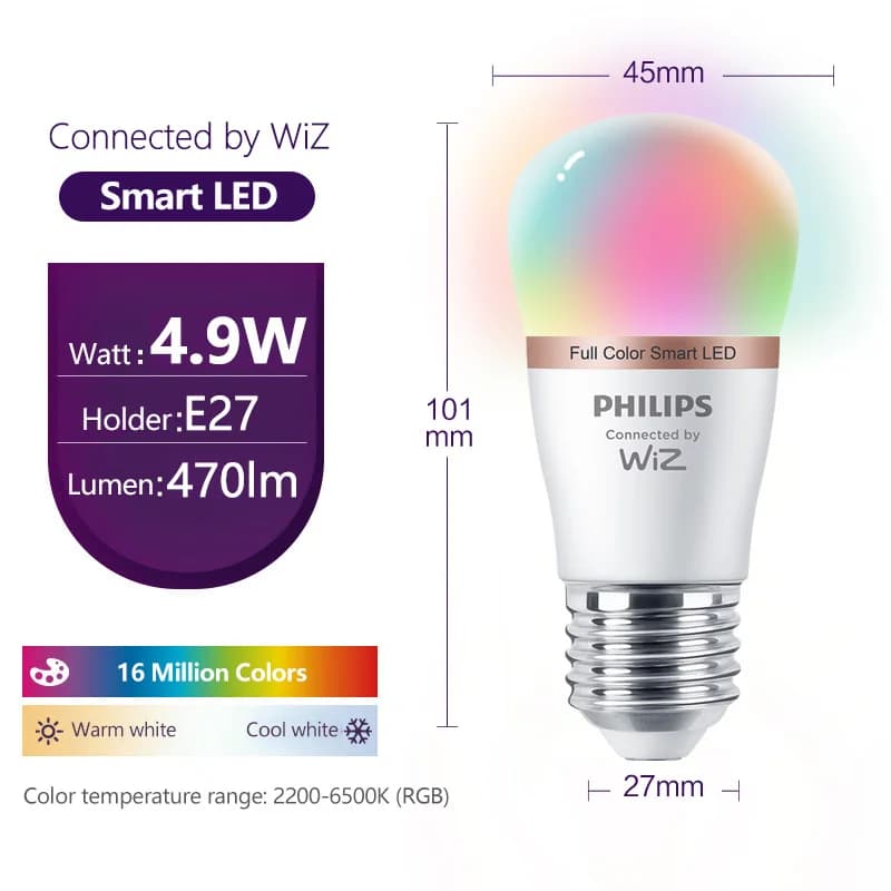Philips WiZ 4.9W E27 P45 Wi-Fi et Bluetooth LED Mini ampoule boule intelligente 220-240V 16 millions