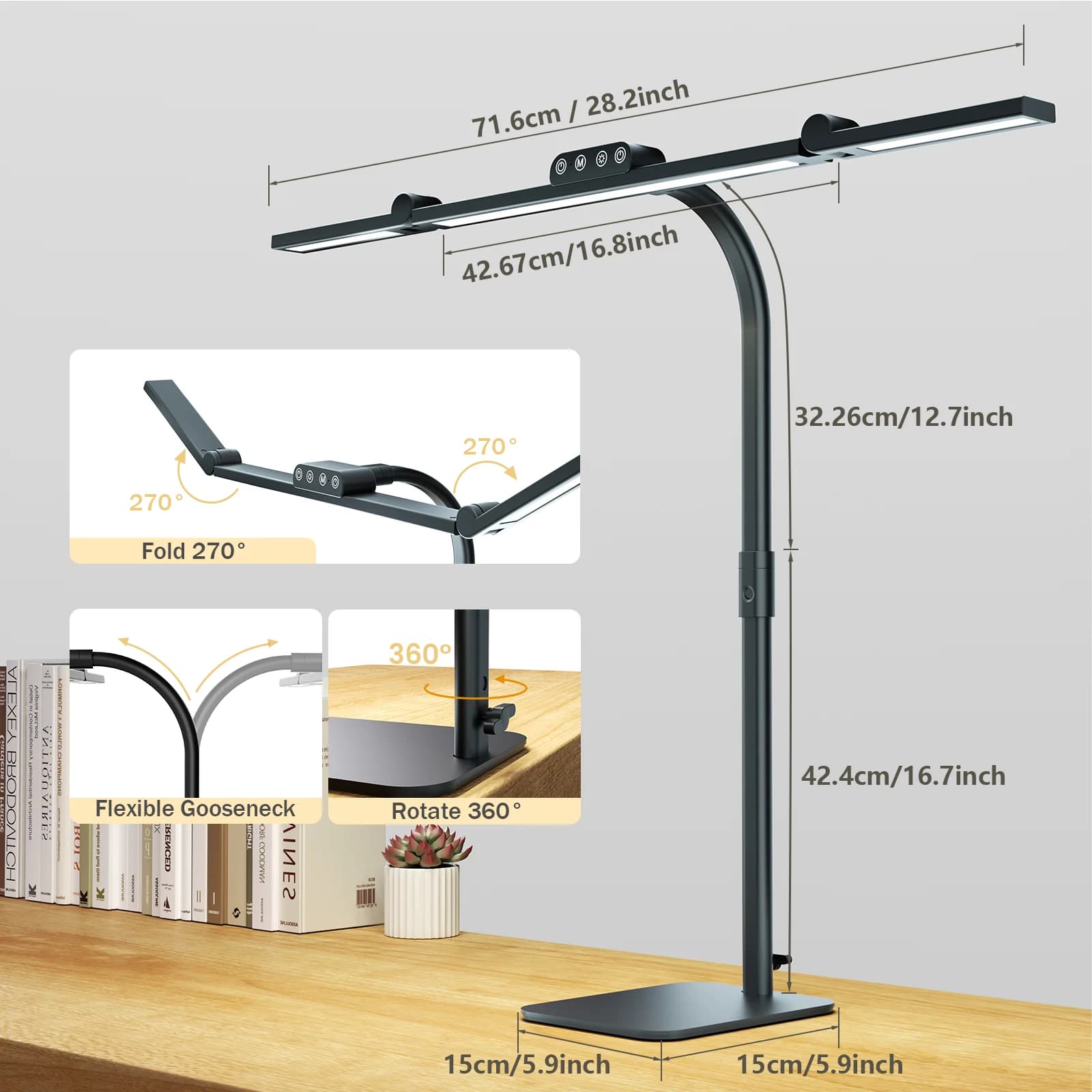 Lampe de bureau LED pour la maison et le bureau avec base, bras articulé flexible de 28,2 pouces, lu