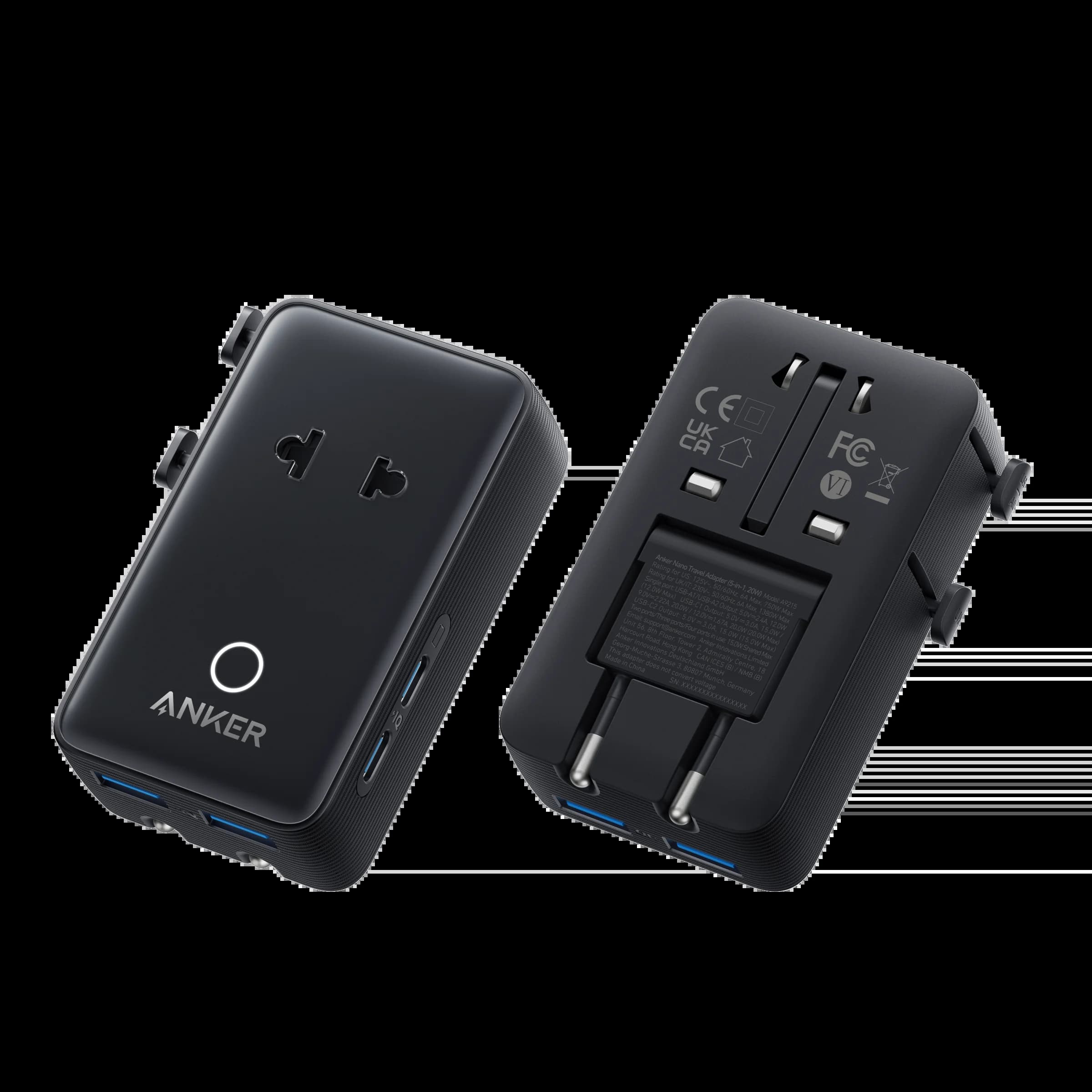 Adaptateur de voyage Anker Nano, adaptateur secteur 5 ports avec 1 prise CA 2 broches, 2 USB A, 2 US