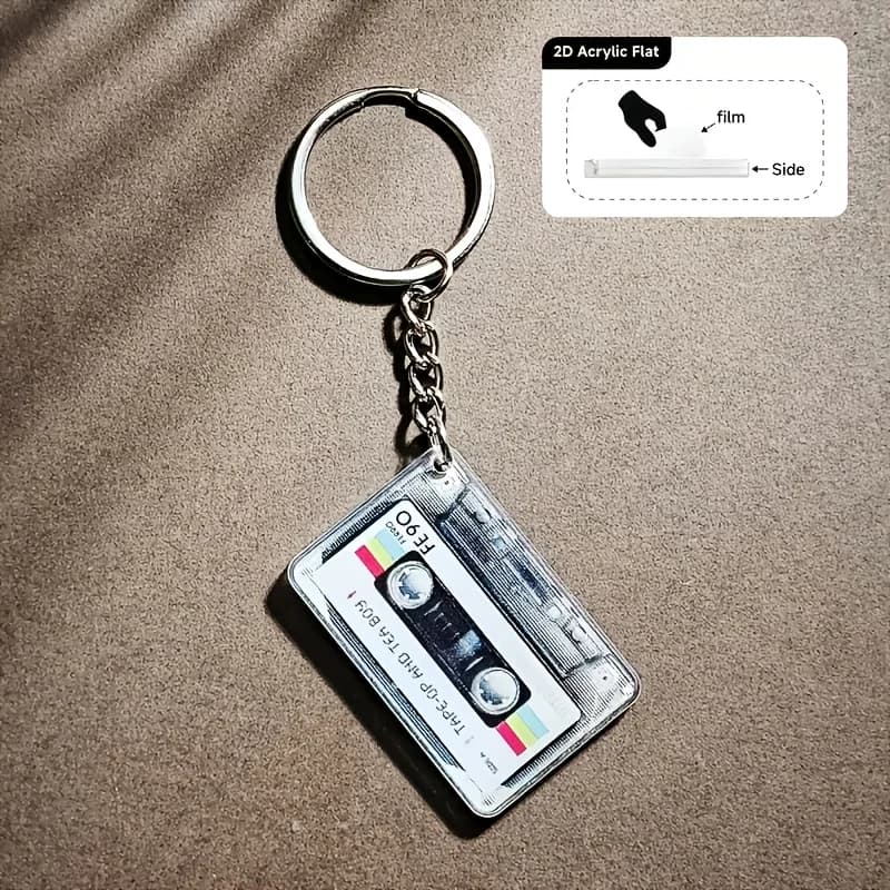 Porte-clés 2D style cassette des années 80 – Pendentif musical rétro, design à clapet, acrylique, ch