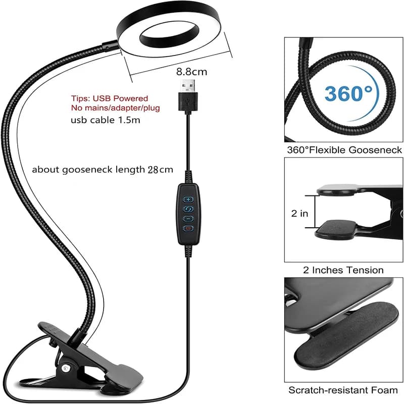 Lampe de bureau à clipser pour lire le bureau à domicile, 10 luminosité variable 3 modes, lampe à pi