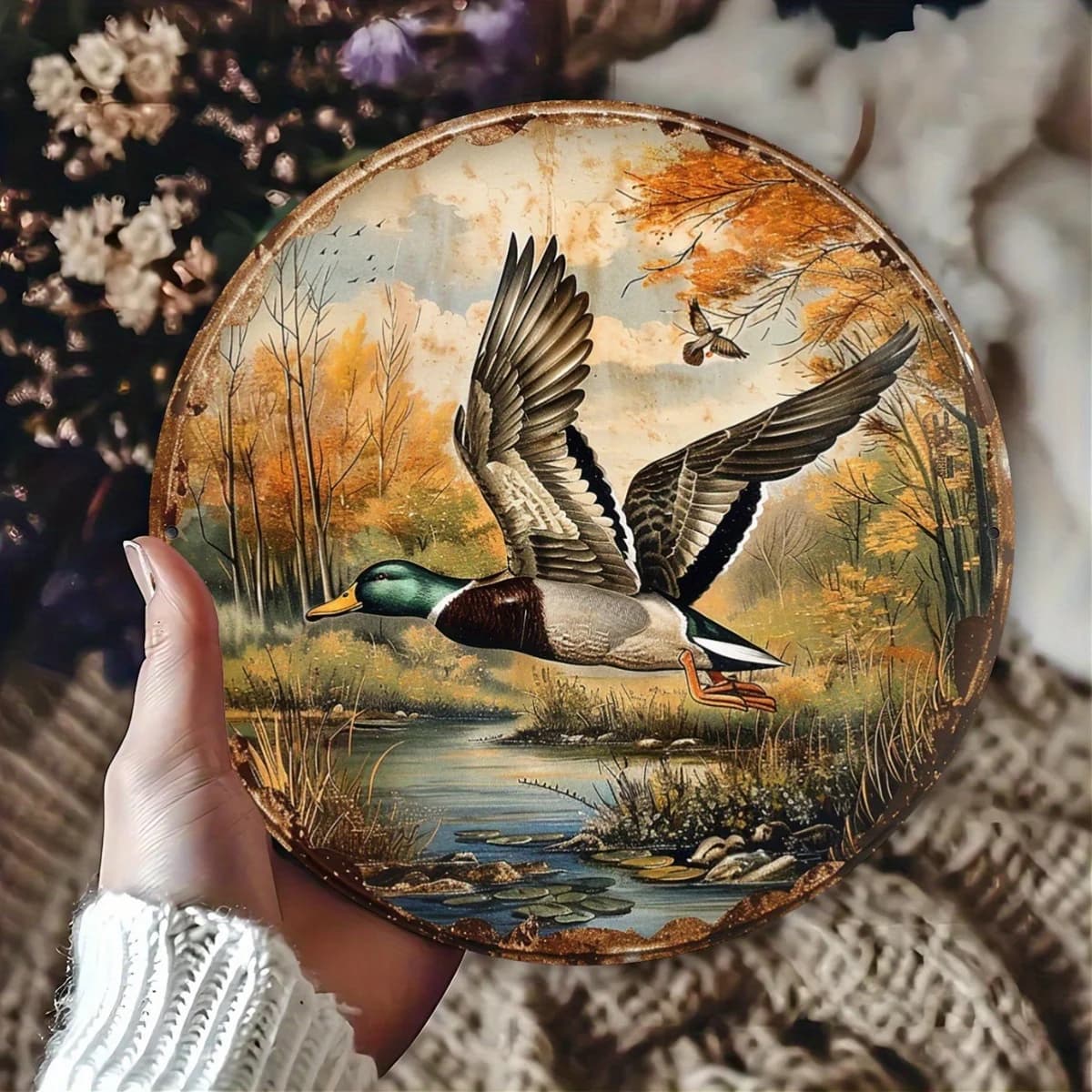 2026 1 pièce, Plaque décorative ronde vintage 8x8 pouces avec motif Canard sauvage sur roseaux, pour