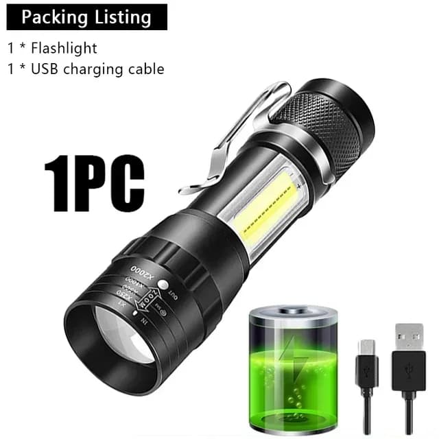 Lampe de poche LED Rechargeable Portable avec pince à stylo, torche étanche Zoomable avec lumière la