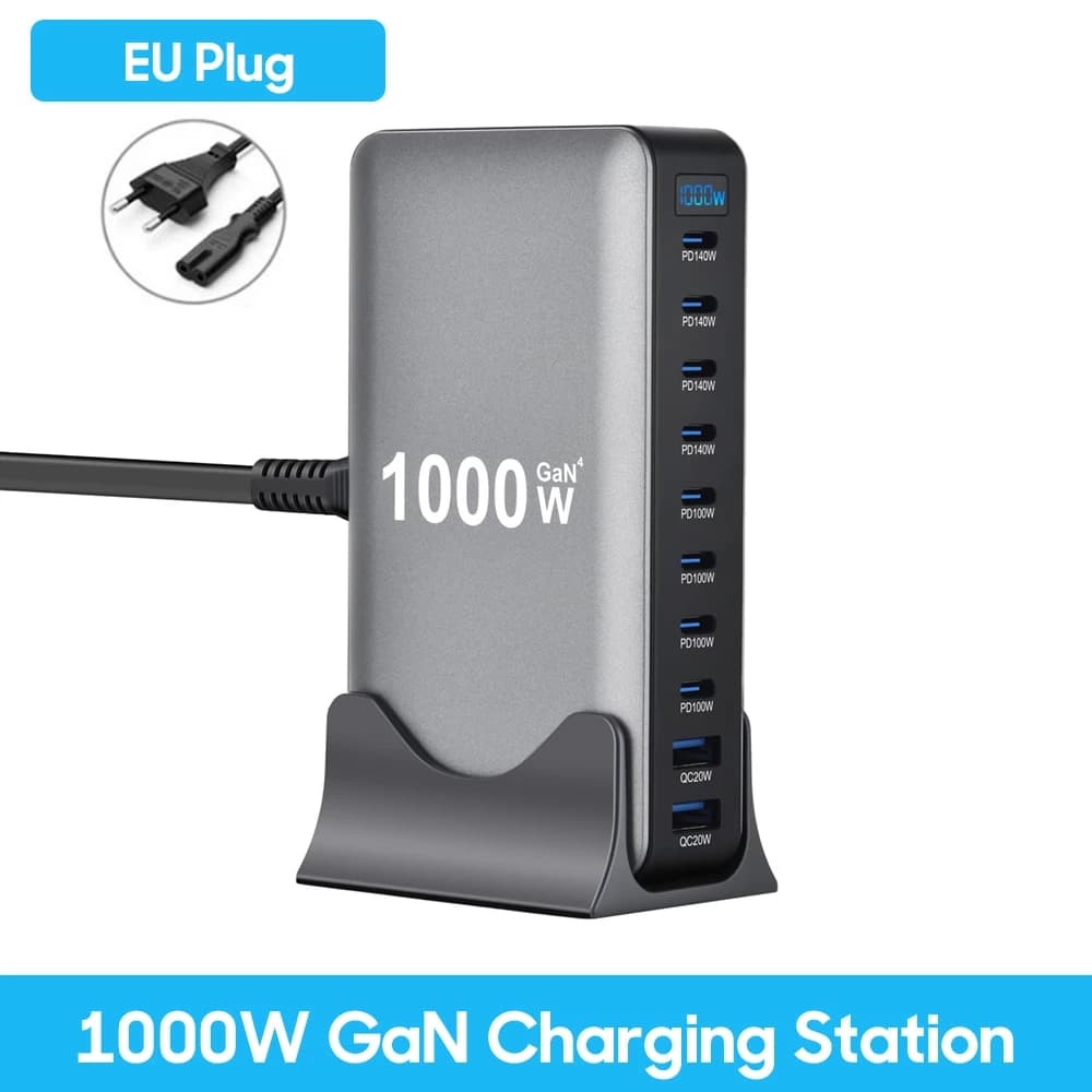 Adaptateur de bureau GaN 1000W 10 ports 140W PD charge rapide pour ordinateur portable MacBook Pro, 