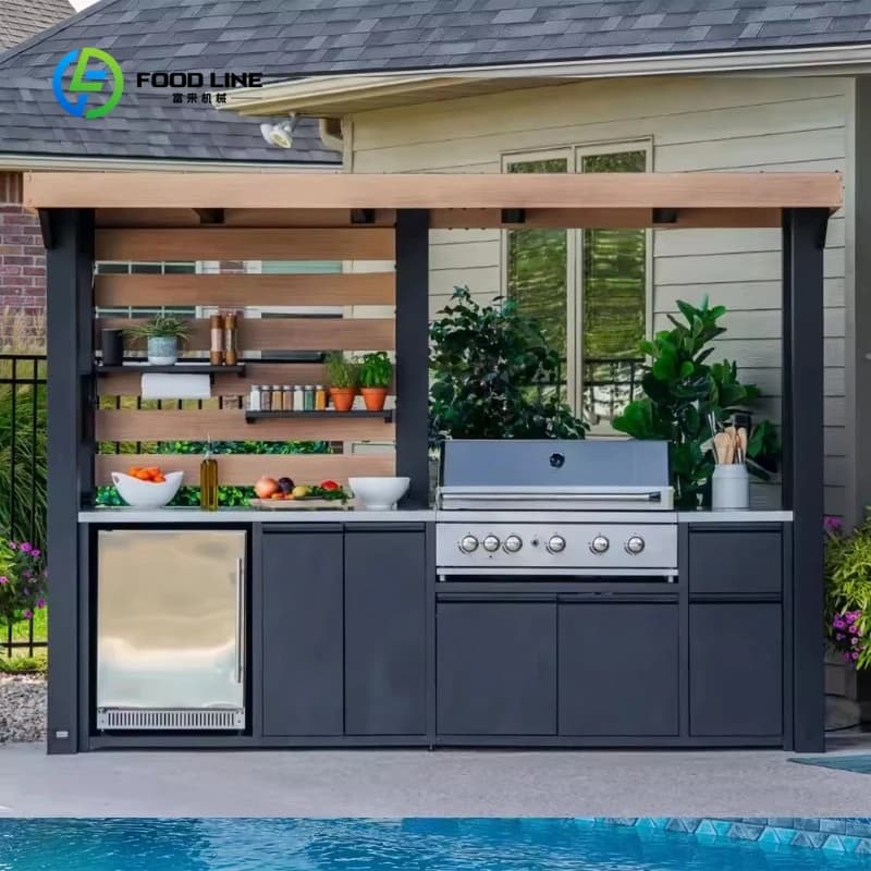 Station de cuisine extérieure personnalisée, portable, en acier inoxydable, avec évier et chariot de