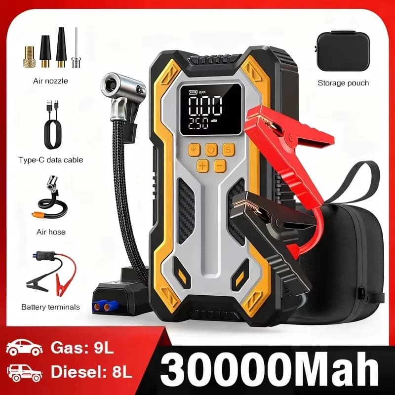 Démarreur de voiture avec compresseur d'air, écran LCD, chargeur portable 30000mAh, puissant démarre