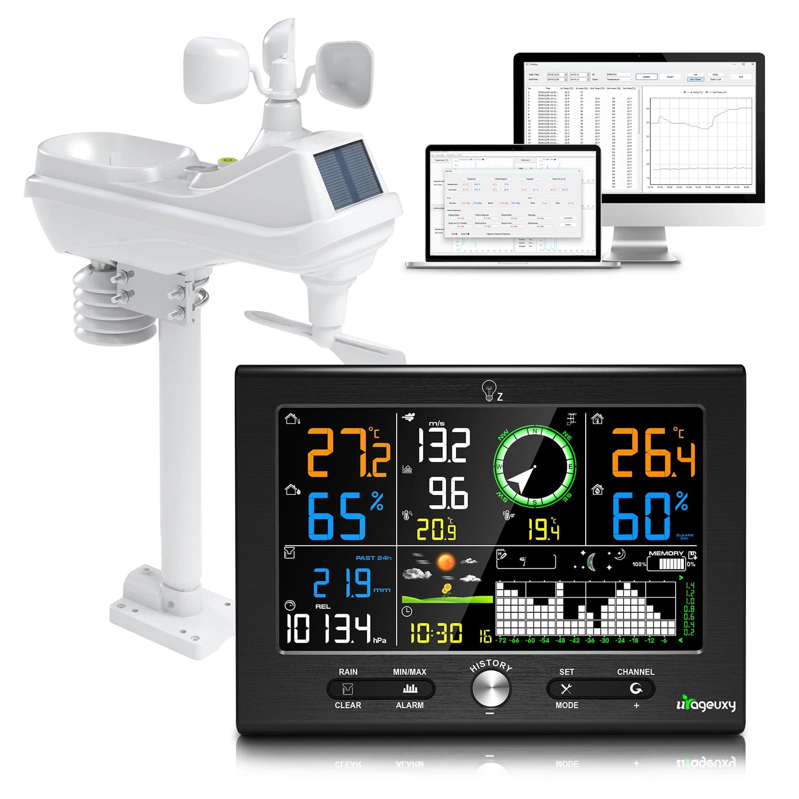 Station météo sans fil à portée de 150 m, écran LCD couleur 8,5 pouces, pluviomètre, vitesse du vent