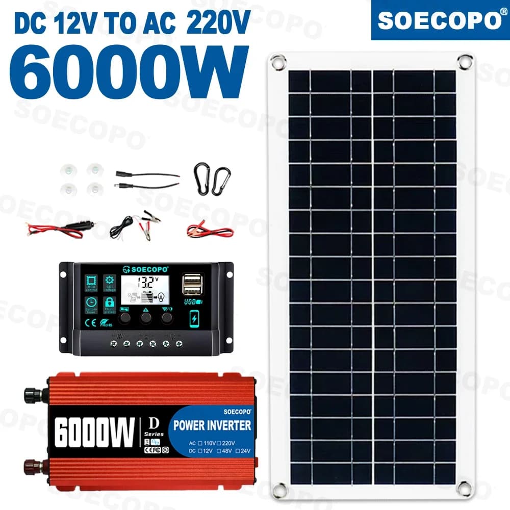 Kit de panneaux solaires 6000W avec onduleur 12V vers 110V/220V et contrôleur 100A – Système solaire