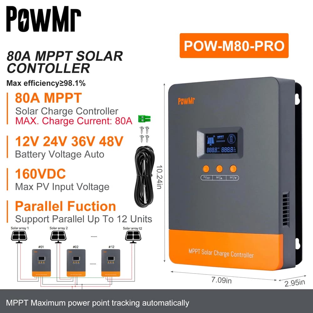 PowMr MPPT 80A contrôleur de Charge solaire Max 160V panneau batterie solaire régulateur Intelligent