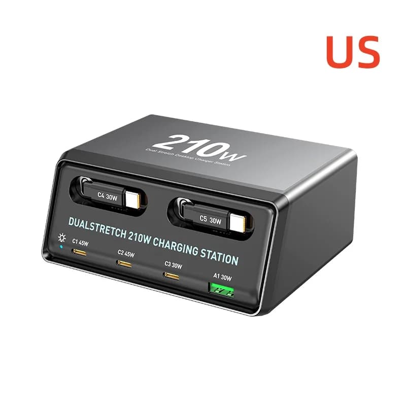 Station de recharge Dualstretch 6 en 1 avec câbles rétractables Hub d'alimentation 210 W pour une ch