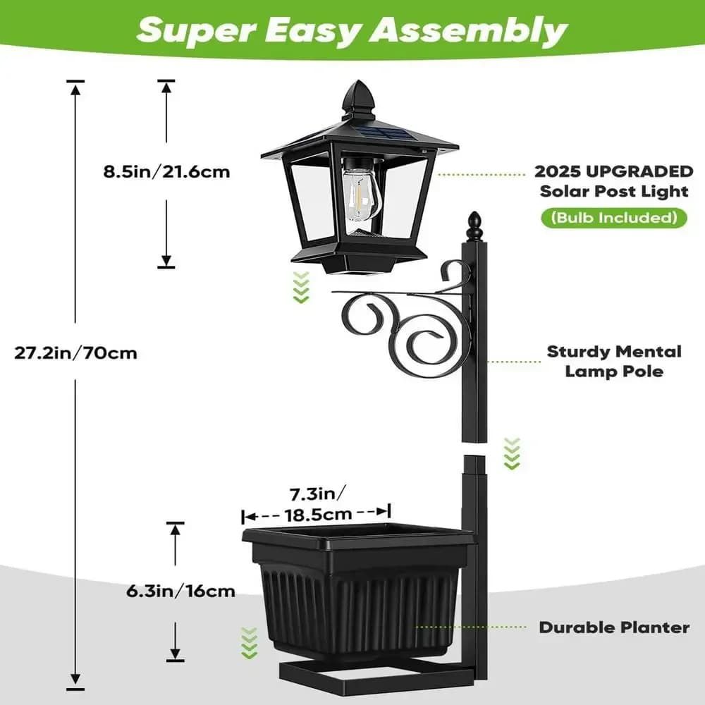Jardinière avec poteau lumineux solaire 2-en-1, pot de fleurs avec lanterne solaire, lumières pour p