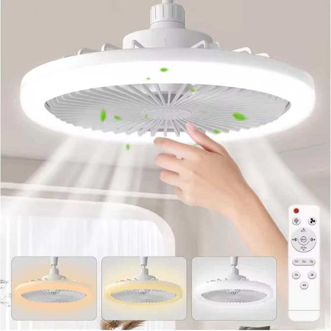 Ventilateur de plafond rotatif 3-en-1 avec lumière, base convertisseur LED E27, télécommande intelli