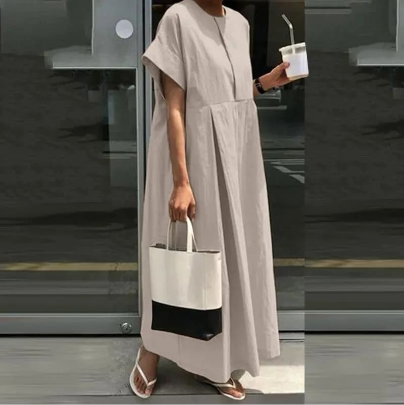Robe en coton et chanvre pour femme, robe rétro élégante, demi-manches plissées, document monochrome