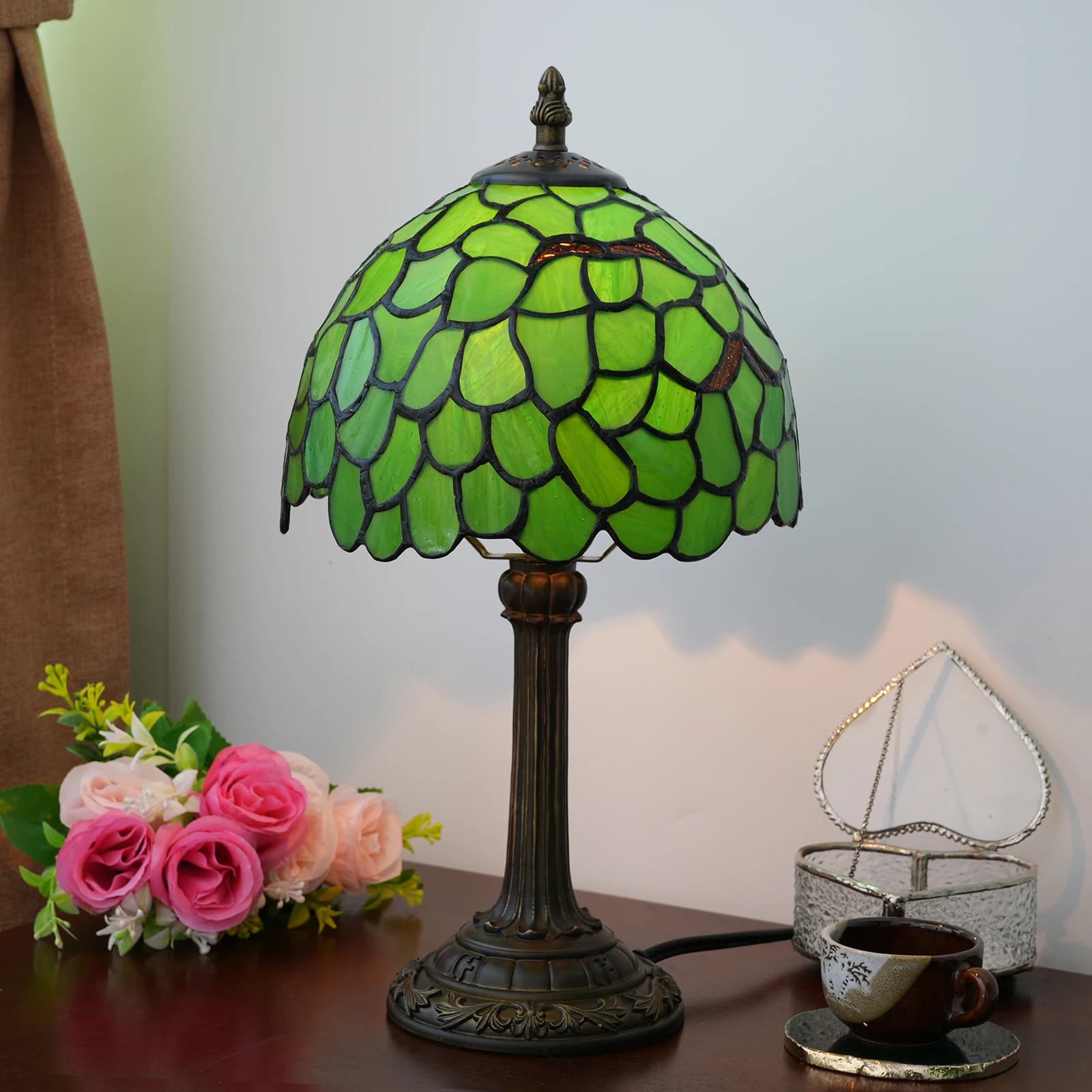 Lampe Tiffany en vitrail motif feuille verte, lampe de table 8 pouces, lampe de lecture de bureau, d