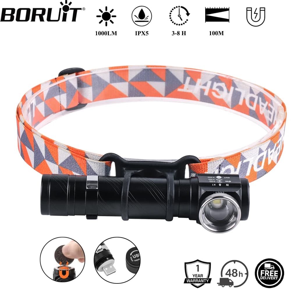 BORUiT 1190 lampe frontale LED Zoomable à Angle droit Super lumineux 1000LM phare Rechargeable avec 