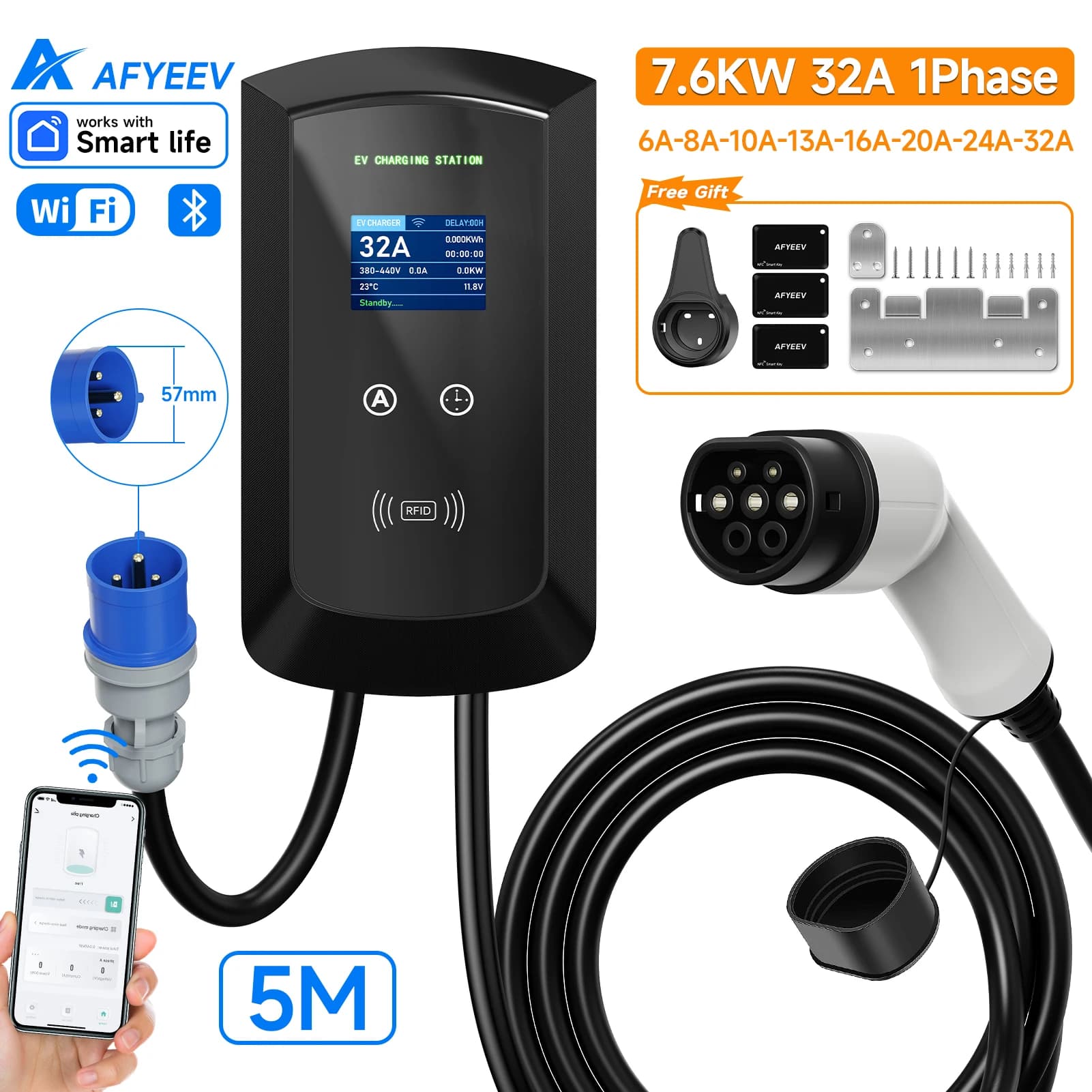 AFYEEV 32A EV Station de charge 22KW 3 phases chargeur de voiture de véhicule électrique 11KW Type2 
