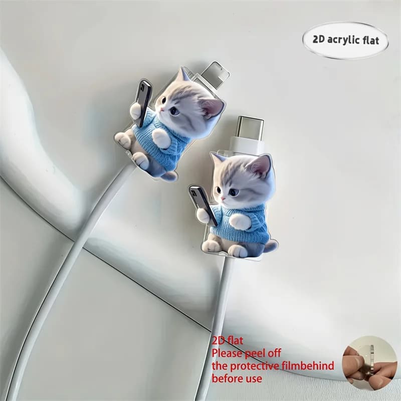 Protecteur de câble de chargeur de téléphone chat mignon plat 2D, 2 pièces, couvercle de connecteur 