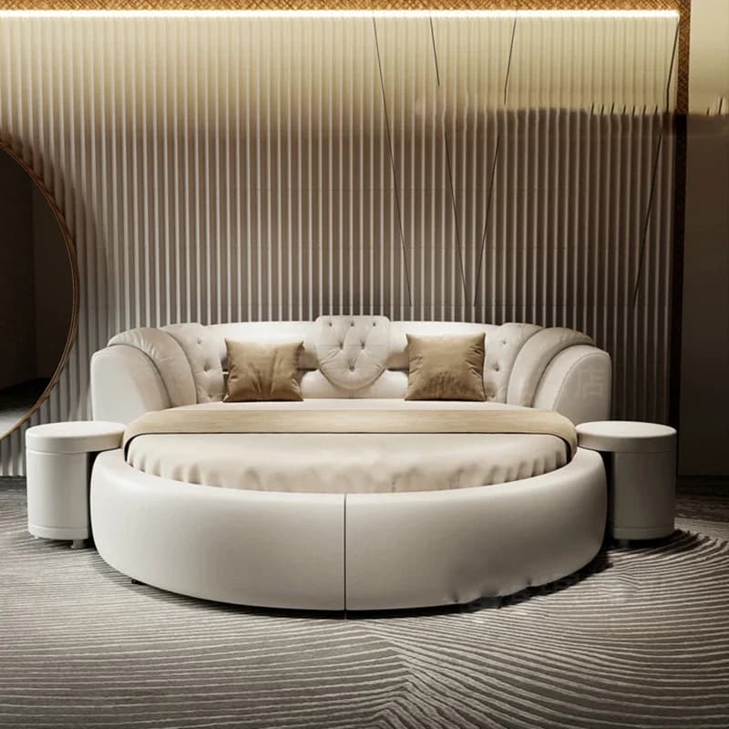 Grand Lit Double Rond de Style Européen Moderne et Minimaliste, Mobilier de Luxe pour Chambre à Couc
