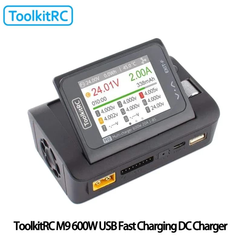 Chargeur intelligent ToolkitRC M9 600W avec fonction audio, écran à angle réglable, charge rapide US
