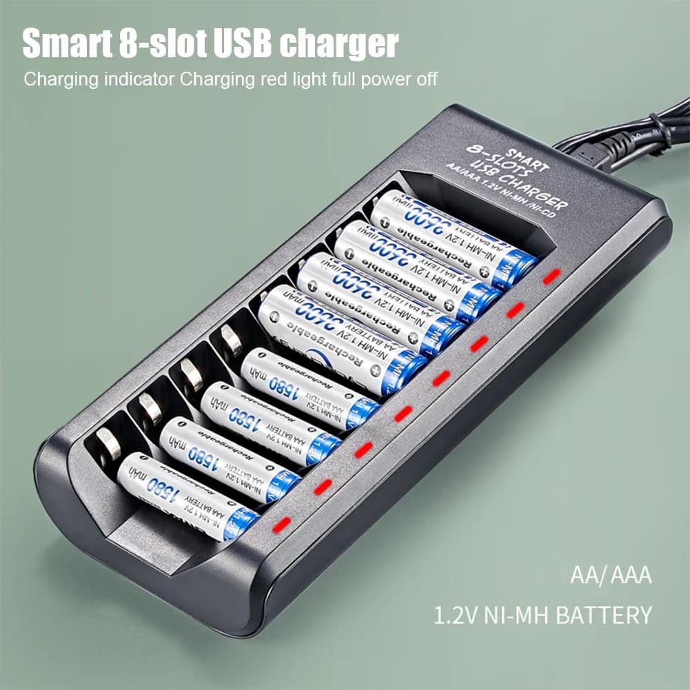 Chargeur de batterie Rechargeable, sortie USB, 8 emplacements, charge rapide, Protection contre les 