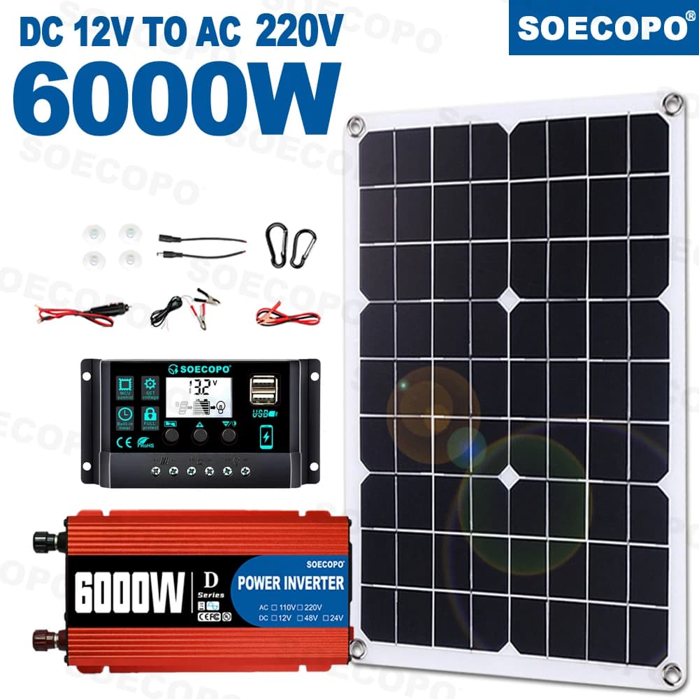 Kit complet de système solaire SOECOPO 6000W, onduleur 12V vers 110V/220V, panneau 500W, contrôleur 