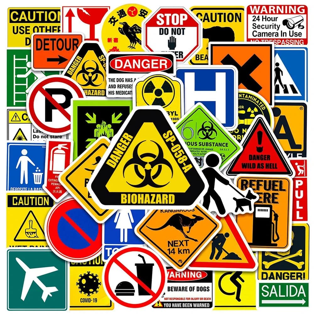 50 autocollants de dessin animé avec signes d'avertissement de danger, décoratifs et amusants, pour 