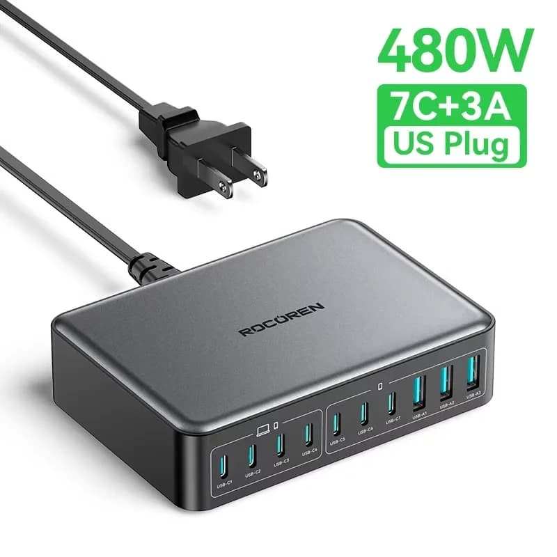 Rocoren 480W USB C chargeur 10 Ports Type C Station de charge plusieurs appareils Gan Station de cha