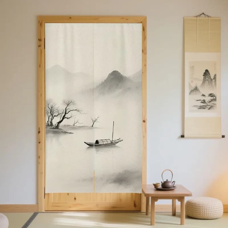 Rideau Chaleureux Imprimé Paysage Soleil et Lune Style Peinture à l'Encre Zen Japonaise, Rideau de P